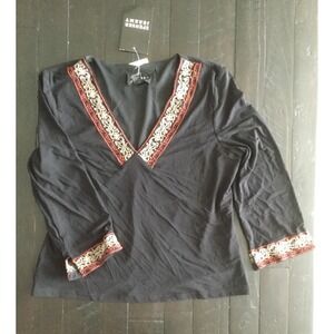 NWT True Black Top W/embroidery, Sheer 3/4 Sleeves SZ L, Spenser Jeremy New 0022
